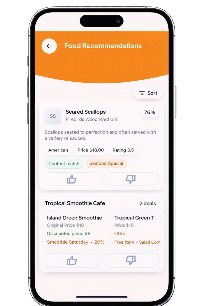 Food recommendations screen