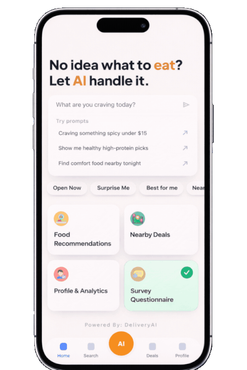 DeliveryAI hero animation showing personalized food feed